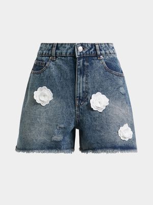 Jet Younger Girls Bleach Wash 3D Flower Denim Shorts