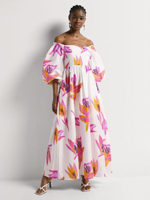 Off Shoulder Balloon Sleeve Floral Print Dress