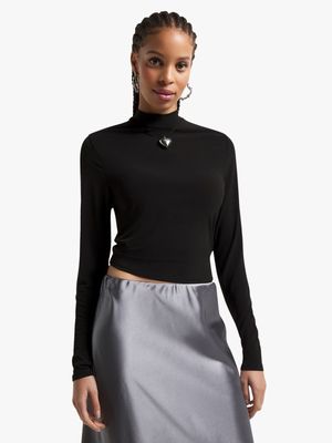 Women's Black Turtleneck With Open Back Top