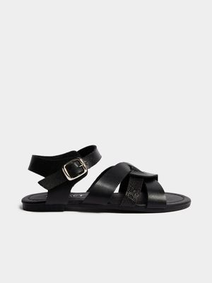 Younger Girl's Black Strappy Sandals