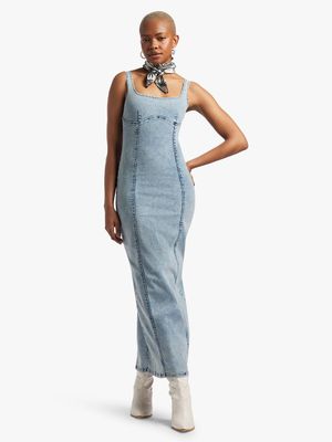 Women's Ice Wash Denim Bodycon Maxi Dress