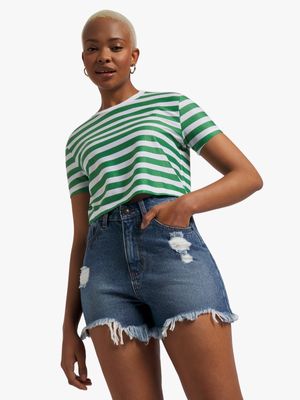 Women's Green & White Striped Boxy Top