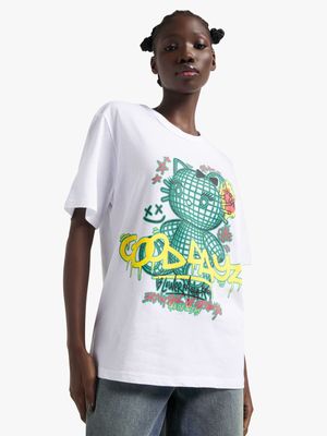 Women's White Good Days Grid Cat  Graphic Top