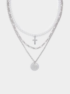 Men's Sliver Pearl Cross & Crest Necklace