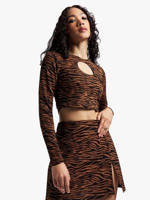 Women's Brown Co-Ord Zebra Print Cut Out Top