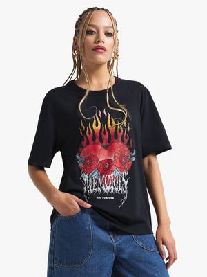 Women's Black 'Flaming Heart' Graphic Top