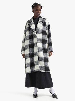 Women's Black & White Hairy Melton Coat