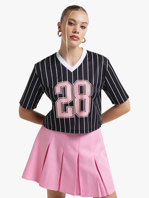 Women's Black Striped Cropped Boxy Top