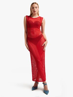 Women's Red Crochet Mesh Open Back Maxi Dress