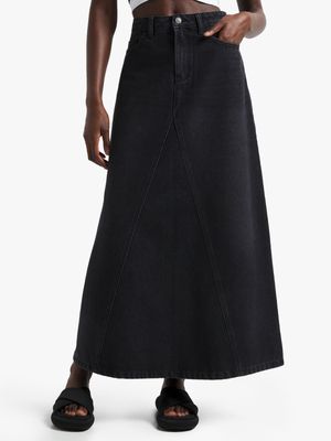 Women's Black A-line Midi Denim Skirt