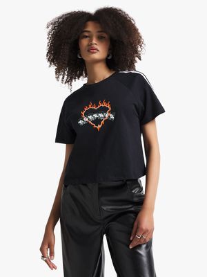 Women's Black Cropped Varsity T-Shirt