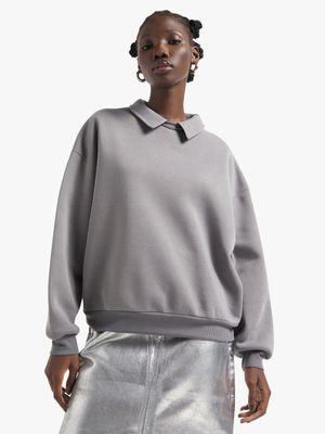 Women's Grey Fleece Sweat Top With Collar