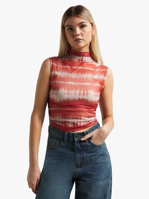 Women's Orange Tie Dye Fitted Top with Side Ruch