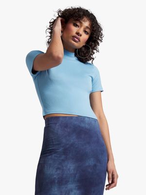 Women's Blue High Neck Fitted Top