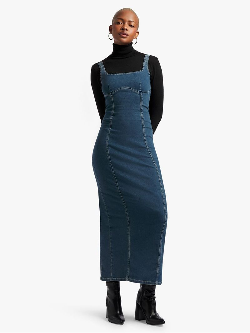 Women s Mid Wash Denim Bodycon Maxi Dress Bash