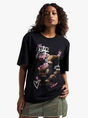 Women's Black Graffiti Teddy Graphic Top