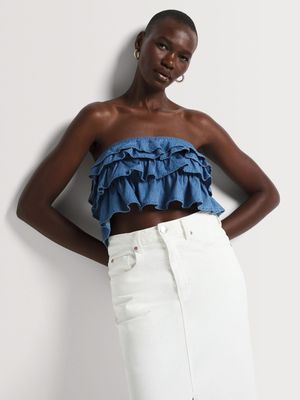 News Denim Ruffle Boobtube Top