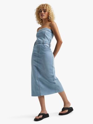 Women's Light Wash Denim Bandeau Midi Dress