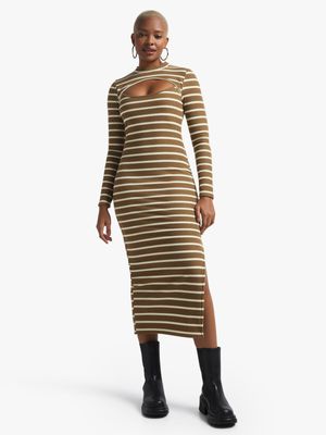 Women's Caramel & Brown Ribbed Midaxi Dress