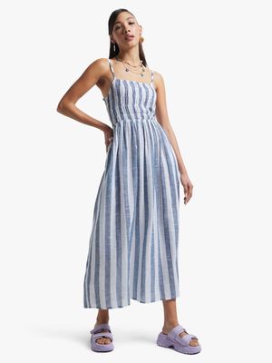 Women's Blue & White Stripe Open Back Maxi Dress