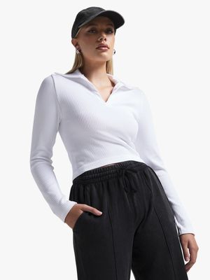 Women's White Seamless Johnny Collar Top