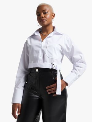 Women's White Cropped Shirt With Front D-Ring