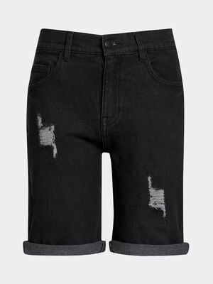 Younger Boy's Black Ripped Denim Shorts