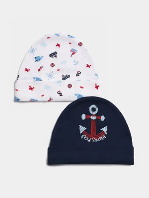 Jet Infant Boys Navy/White 2 Pack Marine Boats Beanies