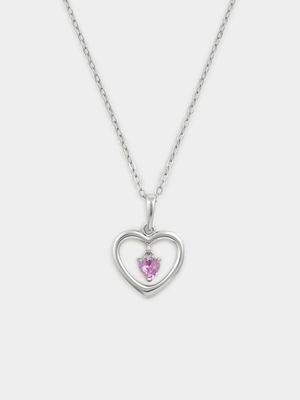 Sterling Silver Pink Tourmaline Cubic Zirconia October Birthstone Kid’s Heart Pendant