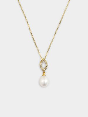 Gold Plated Sterling Silver Freshwater Pearl Open Marquise Pendant