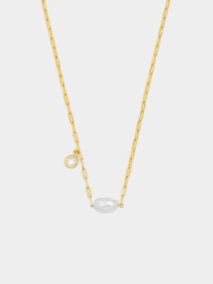 Gold Plated Sterling Silver Freshwater Pearl Paperclip Necklace