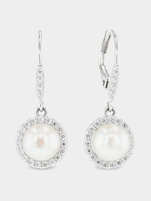 Sterling Silver & Freshwater Pearl Vintage Halo Drop Earrings