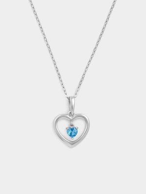 Sterling Silver Blue Topaz Cubic Zirconia December Birthstone Kid’s Heart Pendant