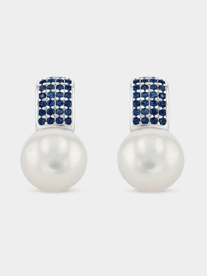 Sterling Silver Blue Cubic Zirconia Freshwater Pearl Stud Earrings