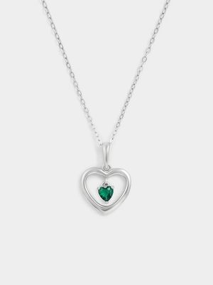 Sterling Silver Emerald Green Cubic Zirconia May Birthstone Kid’s Heart Pendant