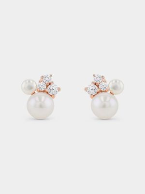 Rose Gold Plated Sterling Silver Shell Pearl & Cubic Zirconia Stud Earrings