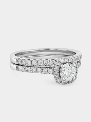 White Gold 1ct Lab Grown Diamond Cushion Halo Twinset Ring