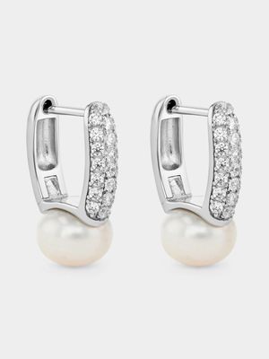 Women's Pearl Earring Shimmer Bar Hoop Silver Cubic Zirconia