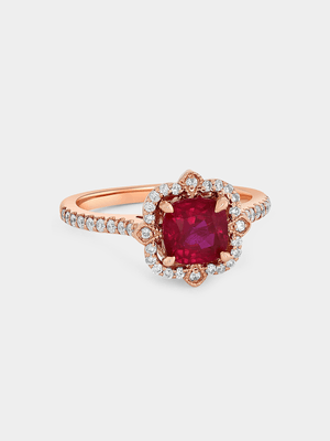 Rose Gold Lab Grown Ruby & Moissanite Women’s Cushion Halo Ring