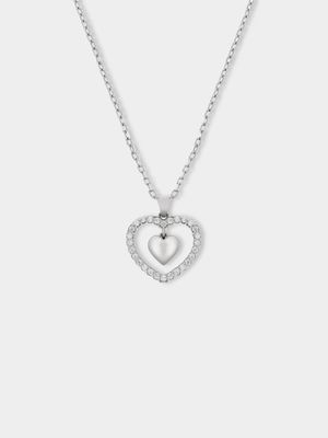 Sterling Silver Cubic Zirconia Kid's Double Heart Pendant Necklace