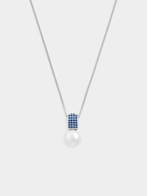 Sterling Silver Blue Cubic Zirconia Freshwater Pearl Pendant