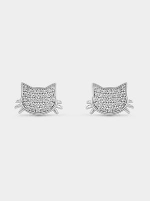 Sterling Silver Cubic Zirconia Kitty Stud Earrings