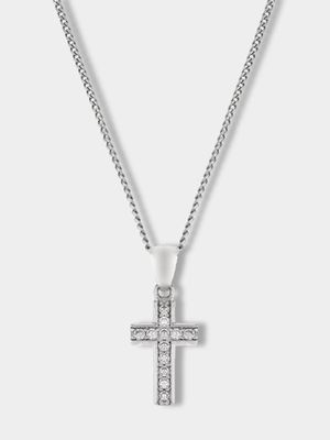 Sterling Silver Cubic Zirconia Kid's Petite Pave Cross Pendant Necklace