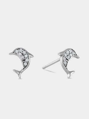 Sterling Silver Cubic Zirconia Kid's Dolphin Stud Earrings