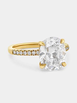 Yellow Gold & 4ct Created White Sapphire Secret Halo Oval Solitaire Ring