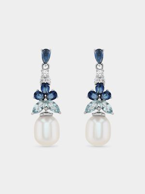 Sterling Silver Shell Pearl & Blue Cubic Zirconia Drop Earrings