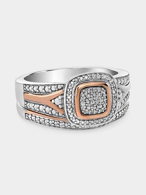 Rose Gold & Sterling Silver Diamond Cushion Halo Twinset Ring