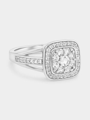 Sterling Silver Diamond Cushion Halo Ring