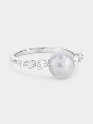 Sterling Silver Women's Pearl Cubic Zirconia Ring