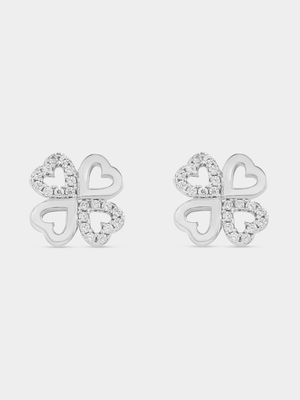 Sterling Silver Cubic Zirconia Clover Heart Stud Earrings